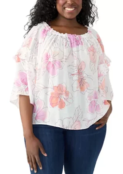 Plus Bell Sleeve Printed Off the Shoulder Top