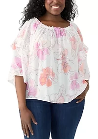 Plus Bell Sleeve Printed Off the Shoulder Top