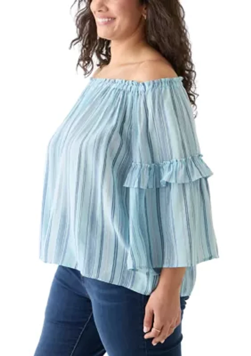 Plus Bell Sleeve Printed Off the Shoulder Top