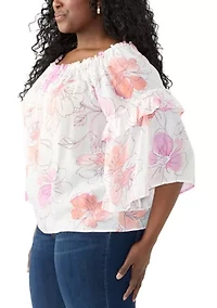 Plus Bell Sleeve Printed Off the Shoulder Top