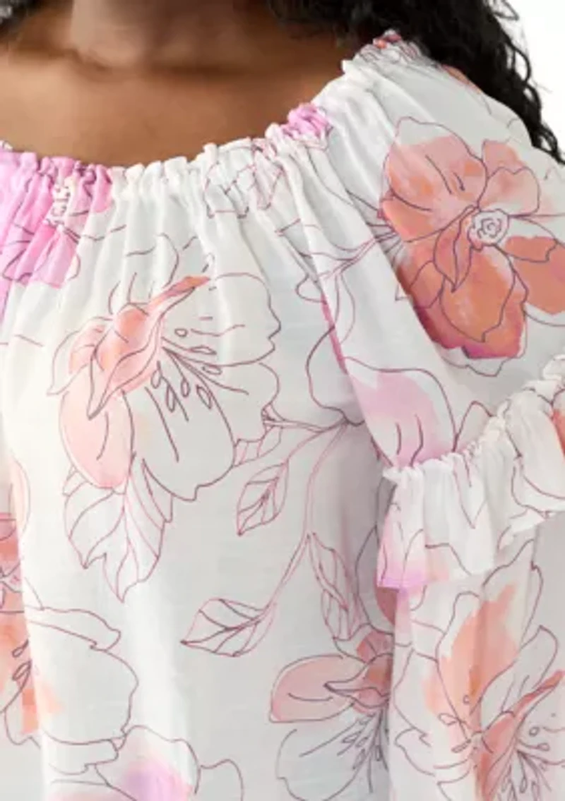 Plus Bell Sleeve Printed Off the Shoulder Top