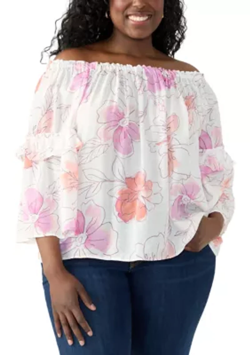 Plus Bell Sleeve Printed Off the Shoulder Top