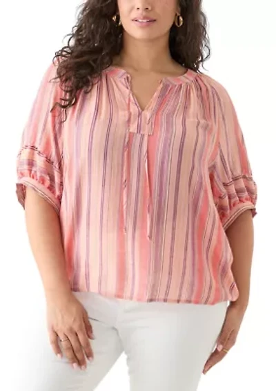 Plus Elbow Puff Sleeve Printed Blouse