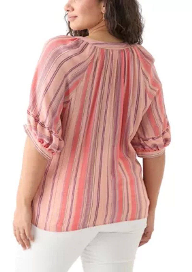 Plus Elbow Puff Sleeve Printed Blouse