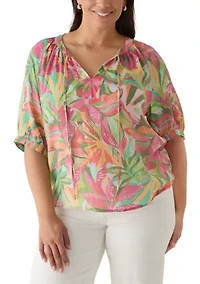 Plus Slub Knit Print Peasant Blouse