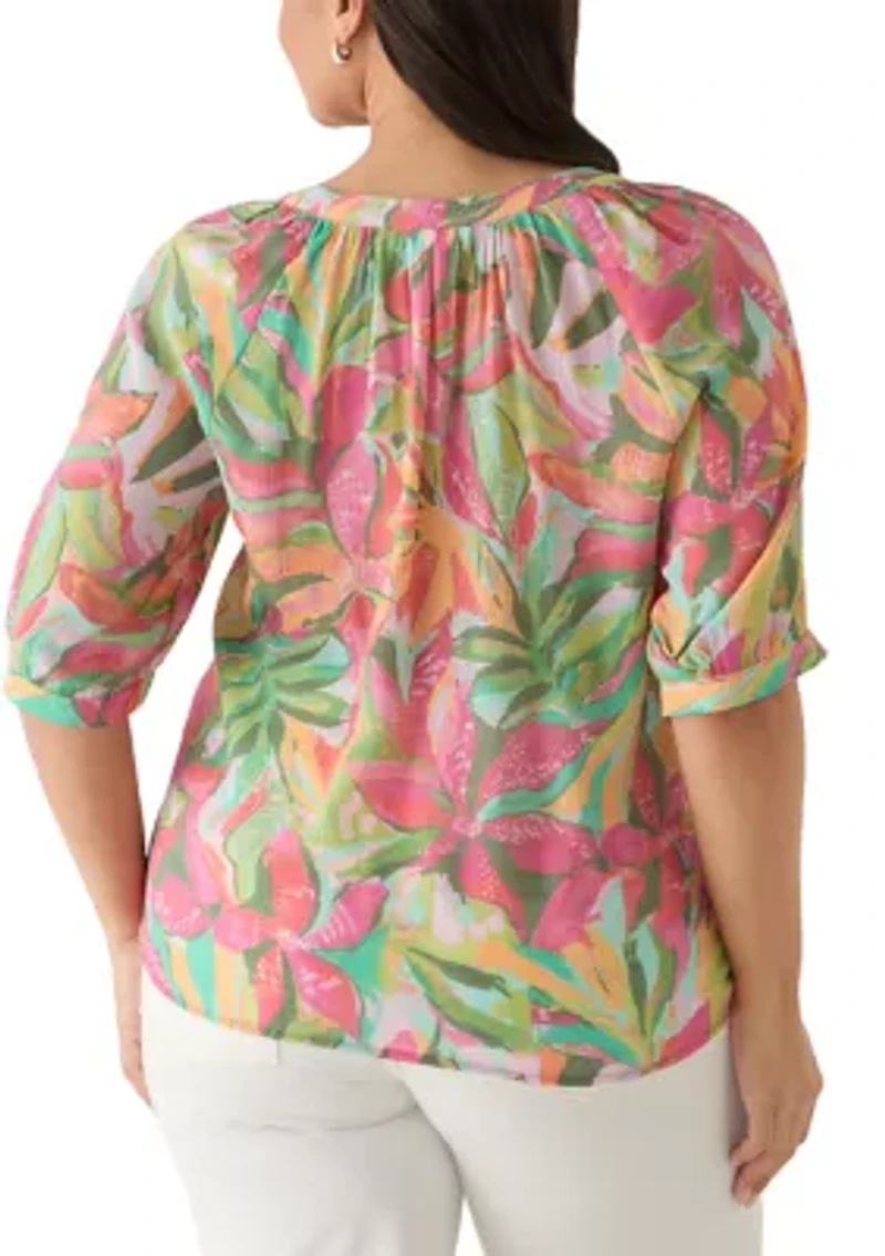 Plus Slub Knit Print Peasant Blouse