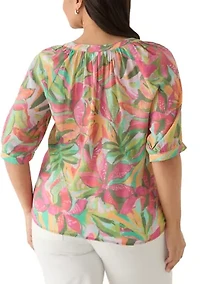 Plus Slub Knit Print Peasant Blouse