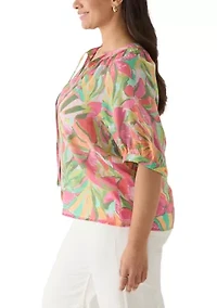 Plus Slub Knit Print Peasant Blouse