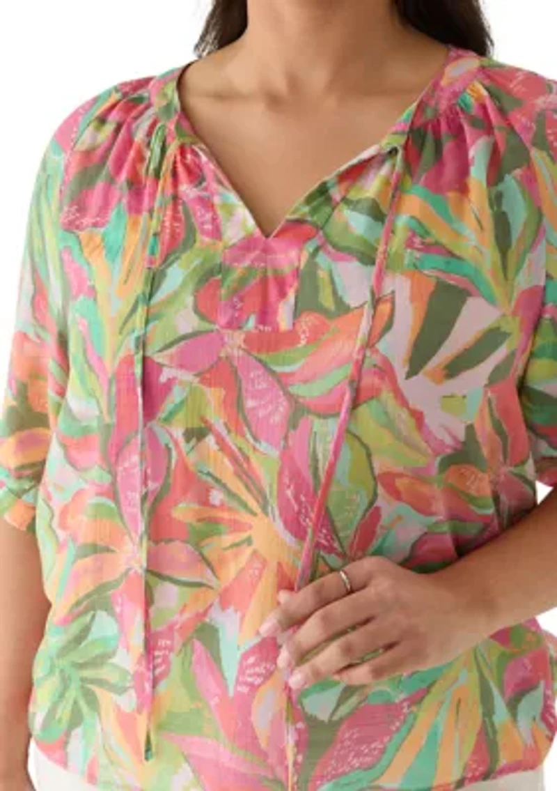Plus Slub Knit Print Peasant Blouse