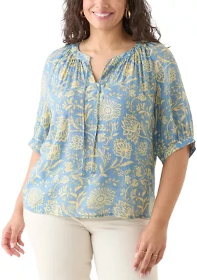 Plus Puff Sleeve Printed Peasant Blouse