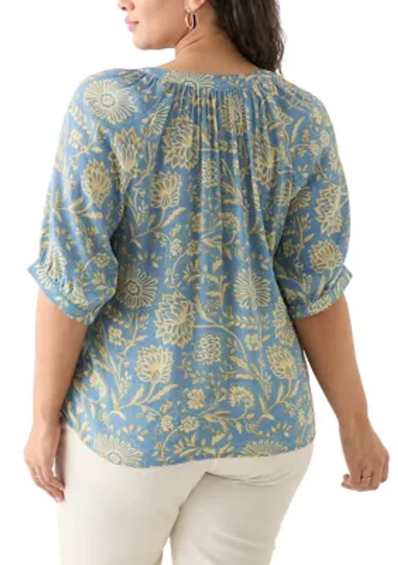 Plus Puff Sleeve Printed Peasant Blouse