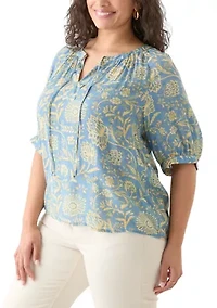 Plus Puff Sleeve Printed Peasant Blouse