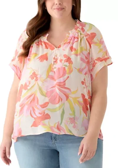 Plus Short Sleeve Slub Front Woven Top