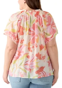 Plus Short Sleeve Slub Front Woven Top