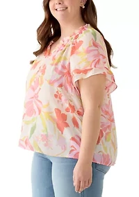Plus Short Sleeve Slub Front Woven Top