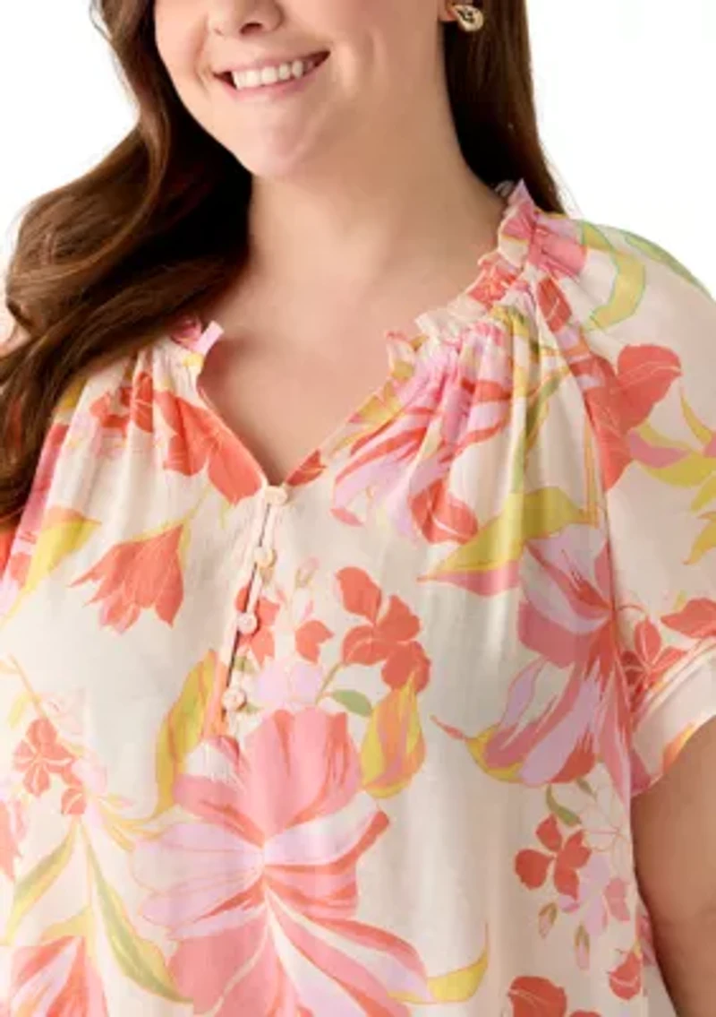 Plus Short Sleeve Slub Front Woven Top