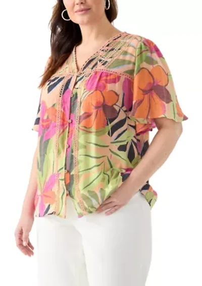 Plus Flutter Sleeve V-Neck Button Down Slub Woven Top