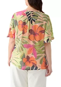 Plus Flutter Sleeve V-Neck Button Down Slub Woven Top