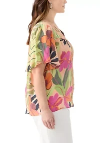 Plus Flutter Sleeve V-Neck Button Down Slub Woven Top