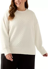 Plus Long Sleeve Textured Crew Sweater with Side Zips