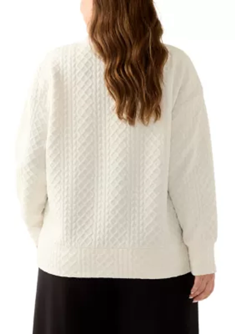 Plus Long Sleeve Textured Crew Sweater with Side Zips