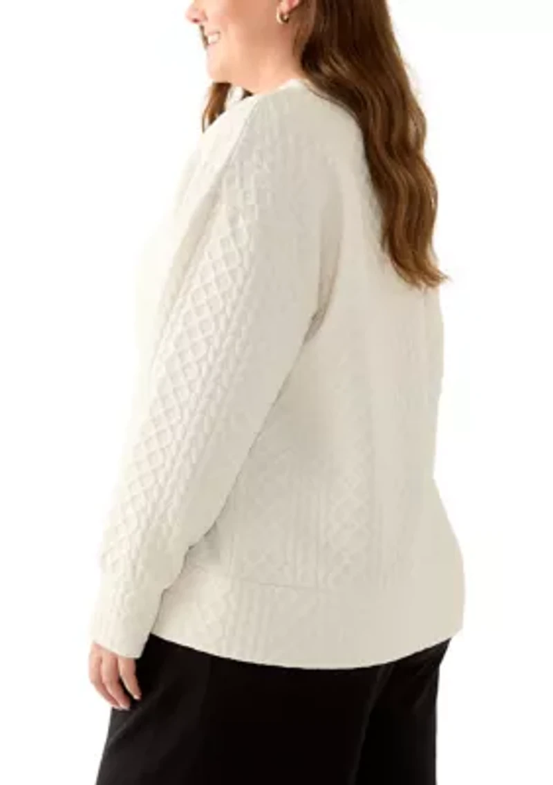 Plus Long Sleeve Textured Crew Sweater with Side Zips
