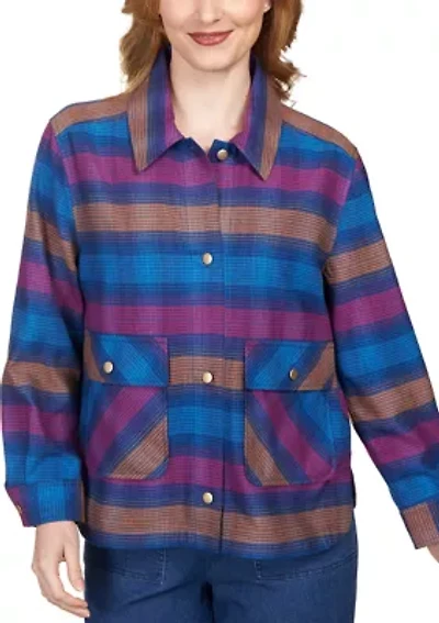 Petite Short Plaid Flannel Button Front Jacket