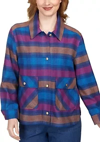 Petite Short Plaid Flannel Button Front Jacket