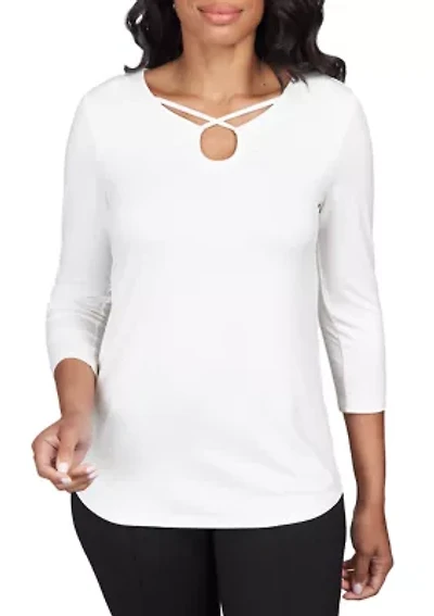 Petite Criss Cross Neckline Solid Jersey Top