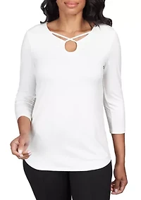 Petite Criss Cross Neckline Solid Jersey Top