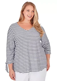 V-neck Lightweight Stripe Knit Top with Tie Sleeve Detail