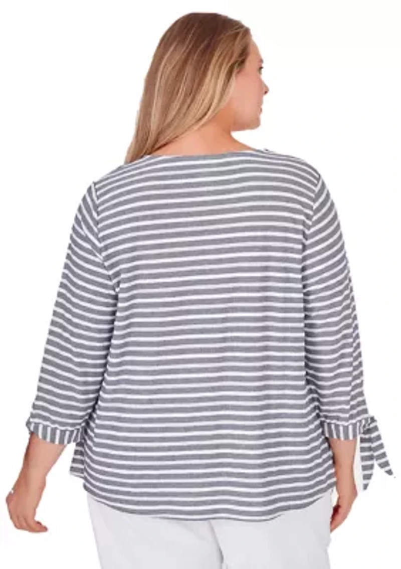 V-neck Lightweight Stripe Knit Top with Tie Sleeve Detail
