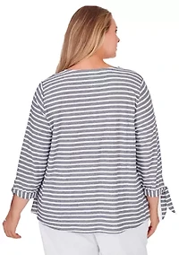 V-neck Lightweight Stripe Knit Top with Tie Sleeve Detail