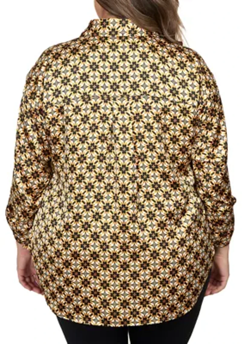 Plus Silky Spotted Geo Printed Split Button Top
