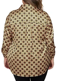 Plus Silky Spotted Geo Printed Split Button Top