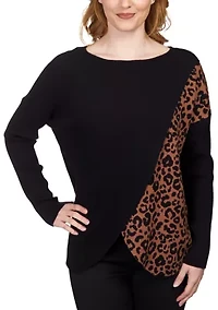 Petite Color Block Leopard Print Wrap Sweater