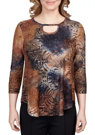 Petite Tie Dye Animal Print Keyhole Neck Top