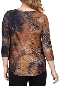 Petite Tie Dye Animal Print Keyhole Neck Top