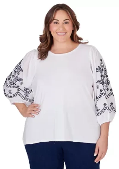 Plus Scoop Neck Solid Knit Top with Embroidered Sleeves