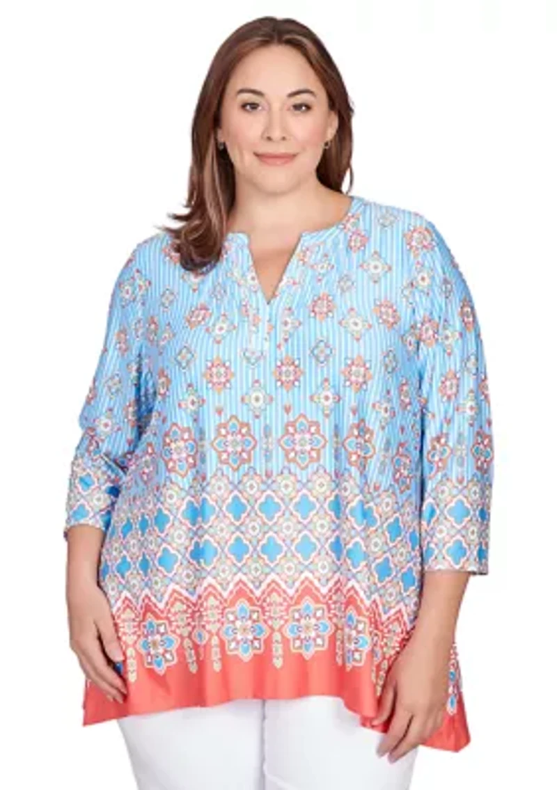 Plus Split Neck Tile Border Print Shark Bite Top