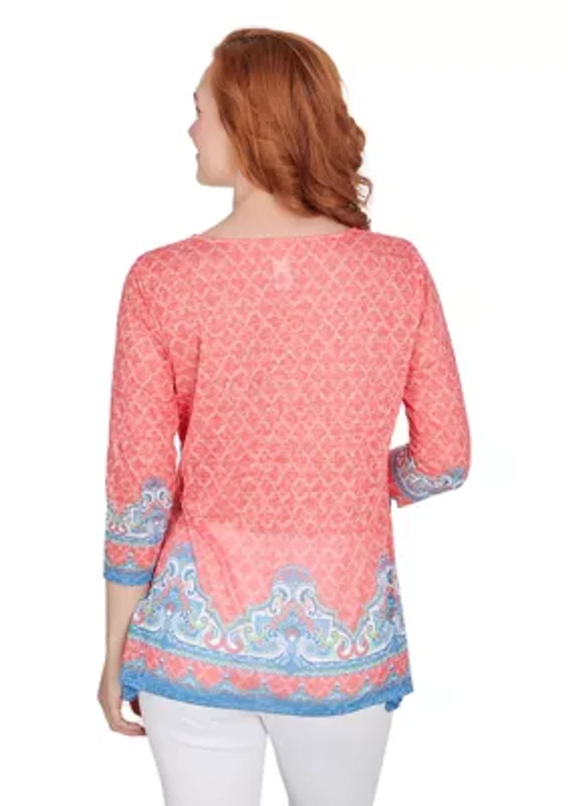 Petite Embellished Scoop Neck Marrakesh Border Print Sublimation Knit Top