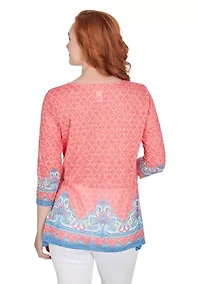 Petite Embellished Scoop Neck Marrakesh Border Print Sublimation Knit Top