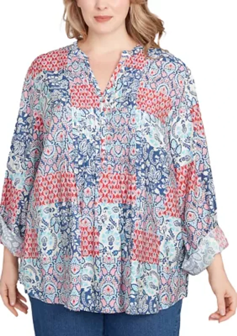 Plus Pintuck Patchwork Henley Blouse