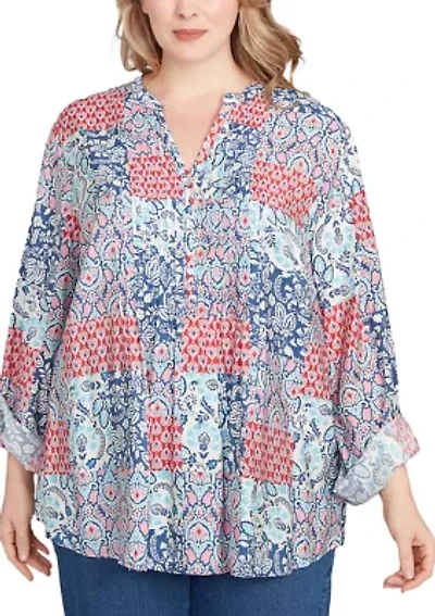 Plus Pintuck Patchwork Henley Blouse
