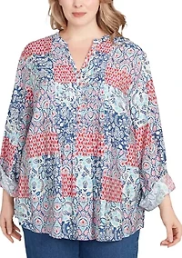 Plus Pintuck Patchwork Henley Blouse