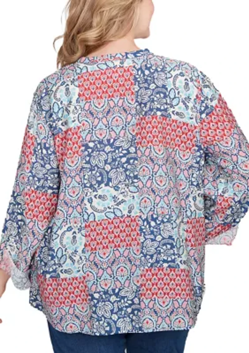Plus Pintuck Patchwork Henley Blouse
