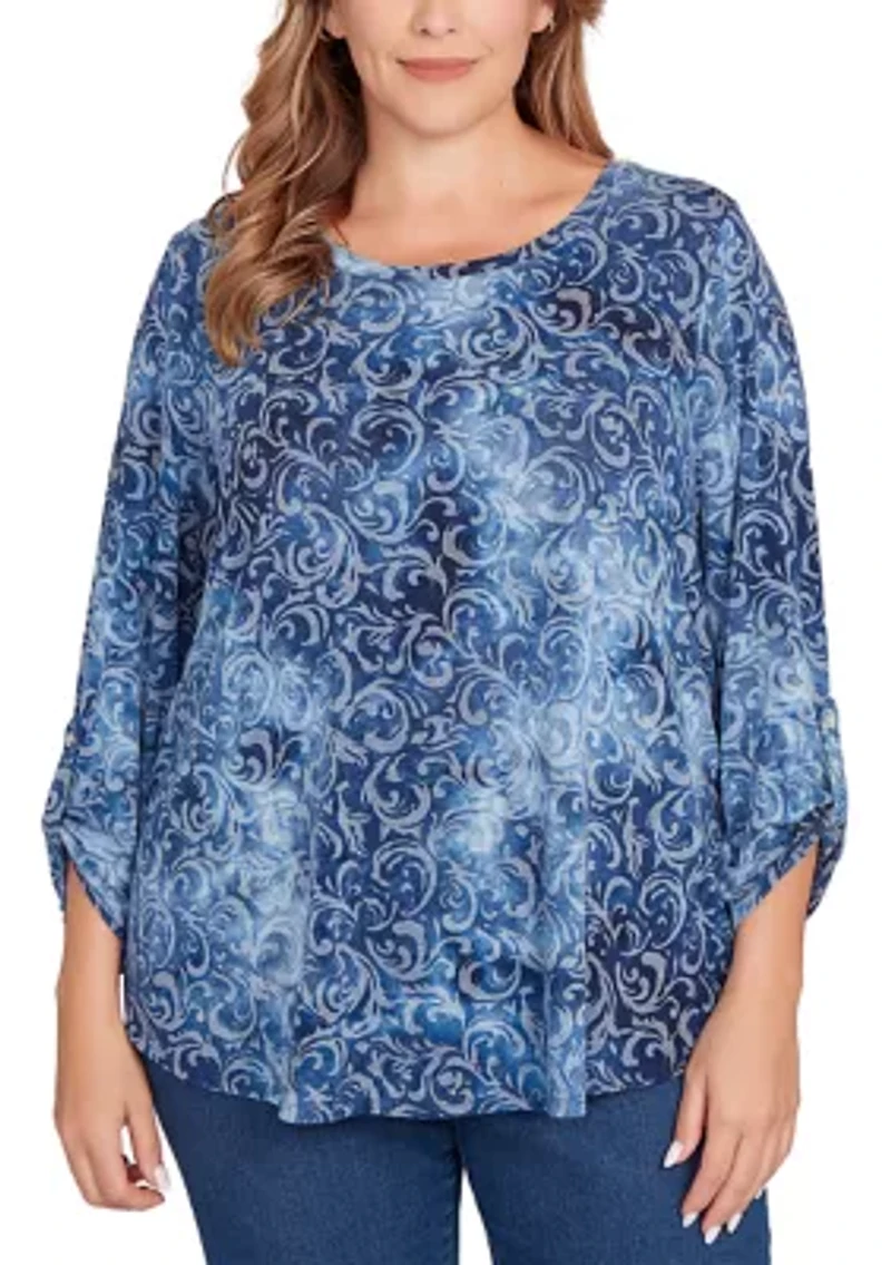 Plus Tie Dye Floral Burnout Roll Tab Sleeve Top