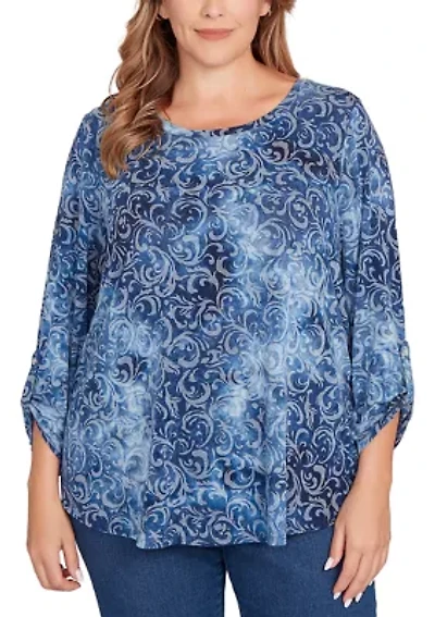 Plus Tie Dye Floral Burnout Roll Tab Sleeve Top