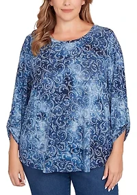 Plus Tie Dye Floral Burnout Roll Tab Sleeve Top