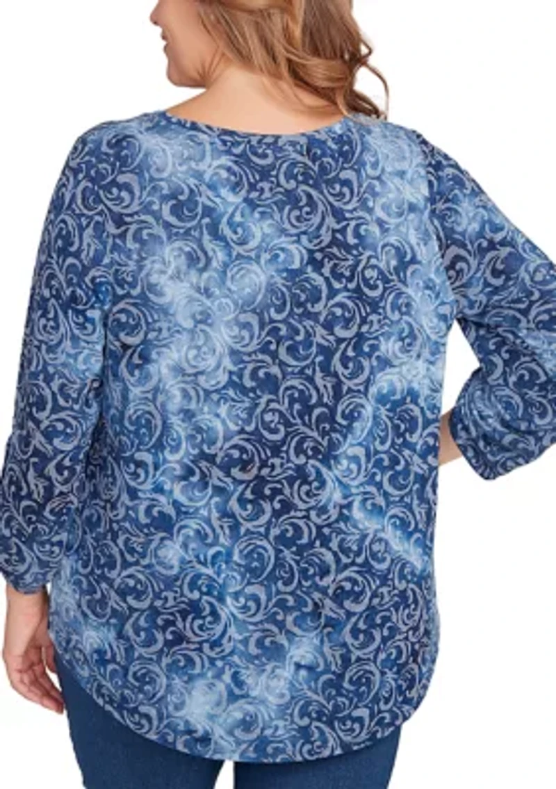 Plus Tie Dye Floral Burnout Roll Tab Sleeve Top